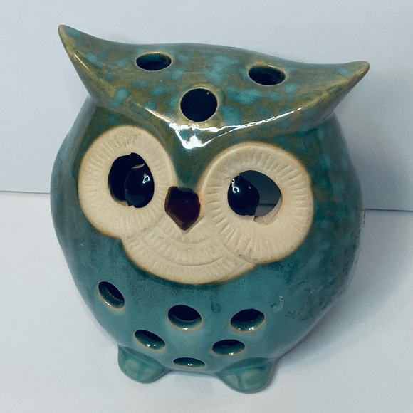 Cute Glazed Ceramic Owl 6” Tall Tea Light Votive Candle Holder Green Turquoise - Picture 1 of 6